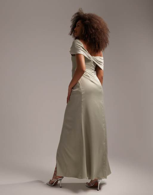 ASOS DESIGN Bridesmaid fallen shoulder drape maxi dress with layered wrap  skirt in olive