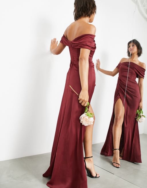 ASOS DESIGN Bridesmaid satin bardot drape wrap maxi dress in wine