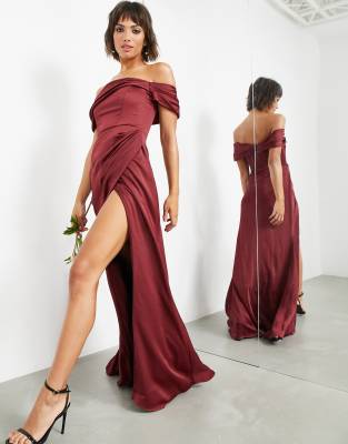 ASOS DESIGN Bridesmaid satin bardot drape wrap maxi dress in wine | ASOS