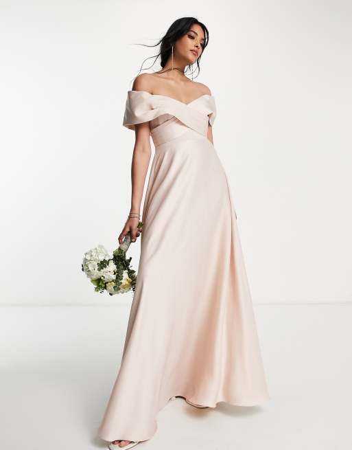 ASOS DESIGN Bridesmaid satin bardot maxi dress with full skirt in blush