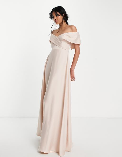 ASOS DESIGN Bridesmaid satin bardot maxi dress with full skirt in blush ASOS