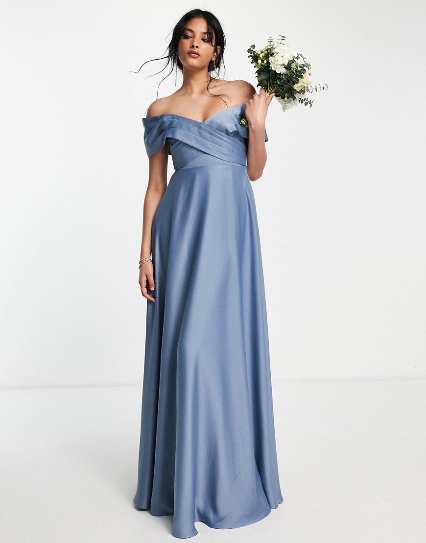 ASOS DESIGN Bridesmaid satin bardot maxi dress with full skirt in dusky blue