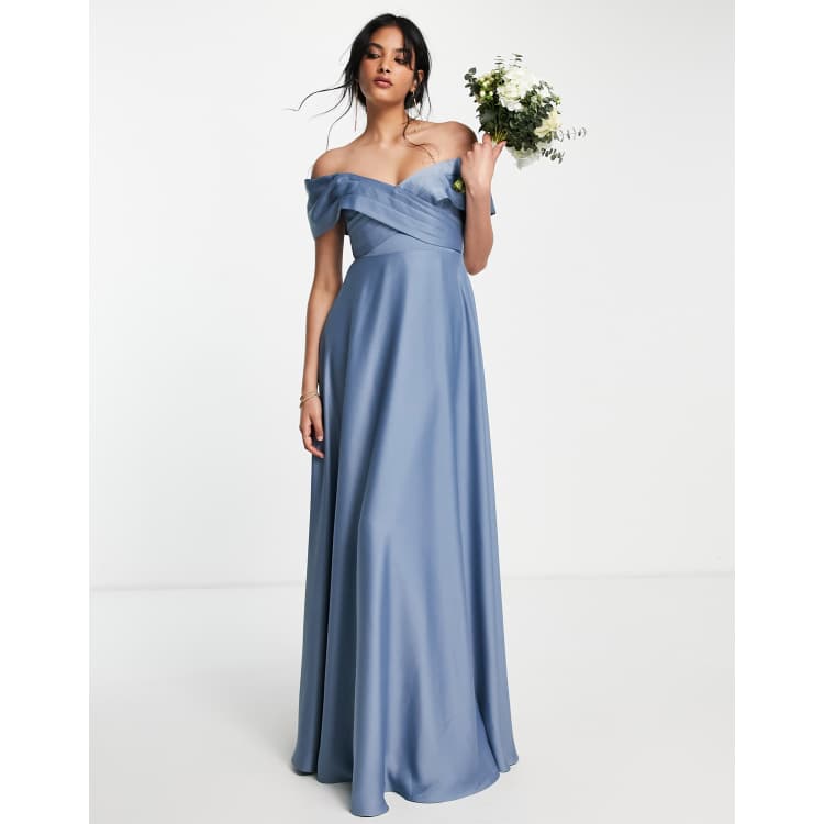 ASOS DESIGN Bridesmaid satin bardot maxi dress with full skirt in dusky blue