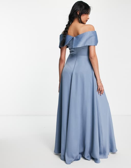 ASOS DESIGN Bridesmaid satin puff sleeve crop top in dusky blue