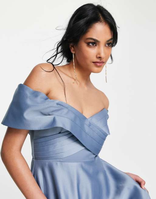 ASOS DESIGN Bridesmaid satin puff sleeve crop top co-ord in dusky blue