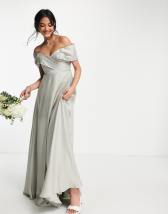 ASOS DESIGN Bridesmaid satin bardot drape wrap maxi dress in sage