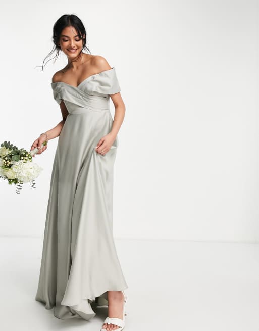 ASOS DESIGN Bridesmaid satin bardot maxi dress with full skirt in sage green