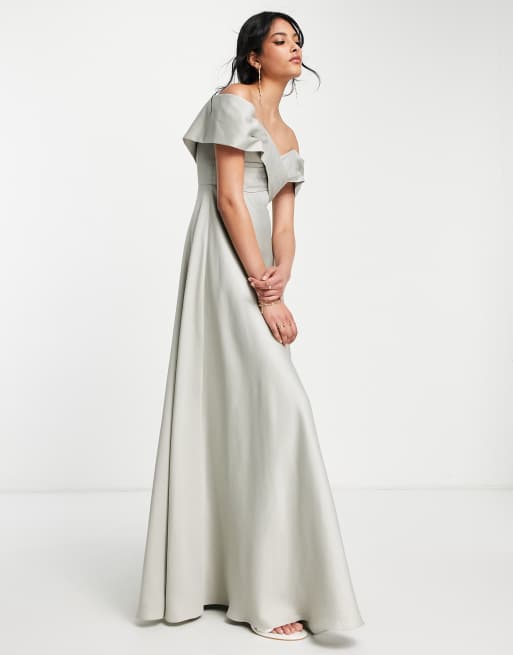 ASOS DESIGN Bridesmaid satin bardot drape wrap maxi dress in sage green