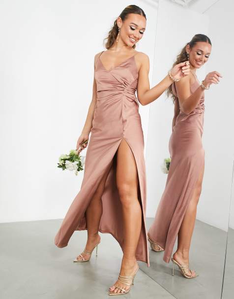 ASOS DESIGN Bridesmaid satin cami maxi dress with drape detail in cinnamon rose - view 1