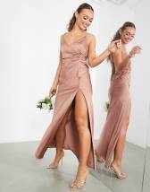 ASOS DESIGN Bridesmaid satin cami maxi dress with drape detail in orchid