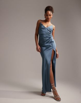 ASOS DESIGN Bridesmaid satin cami maxi dress with drape detail in dusky blue