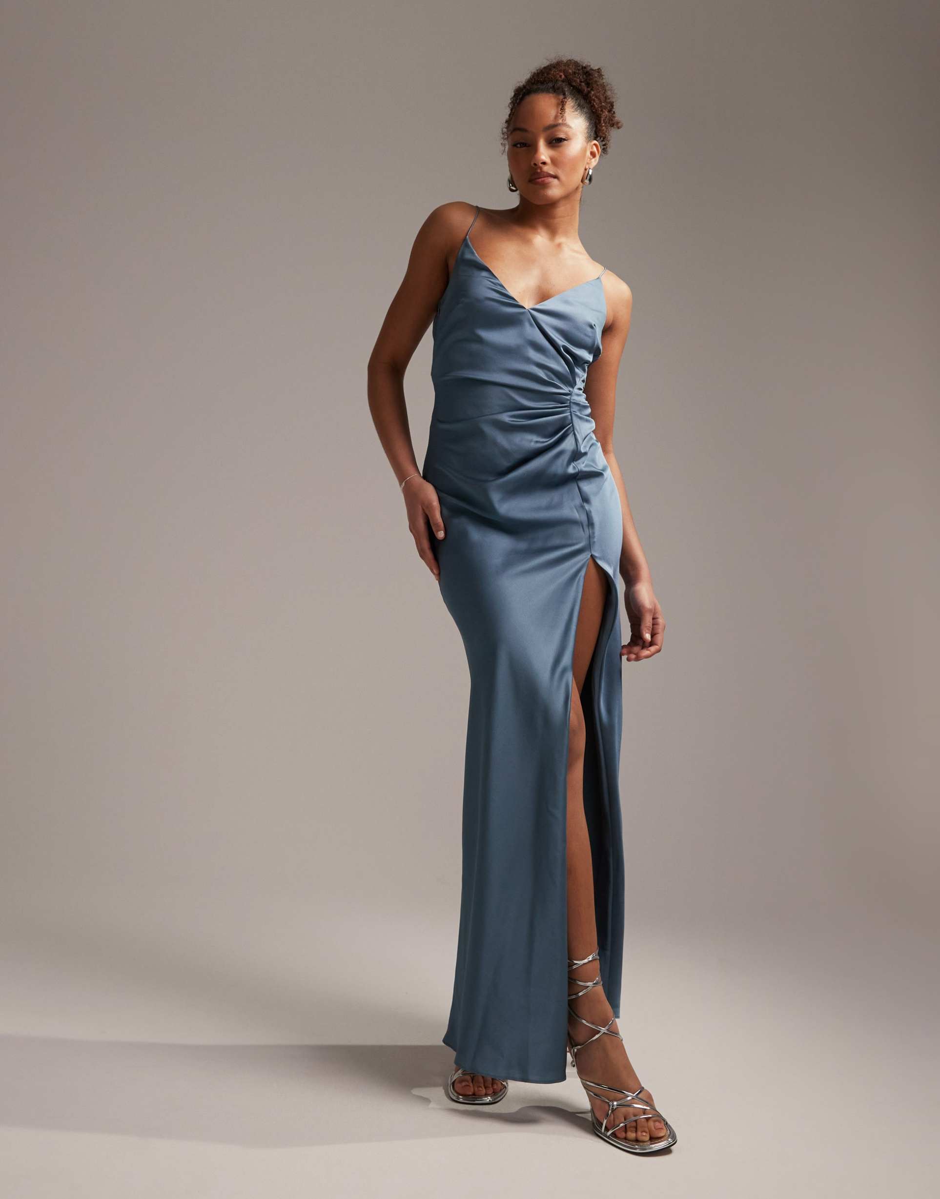 asos design bridesmaid satin cami maxi dress with drape detail in dusky blue