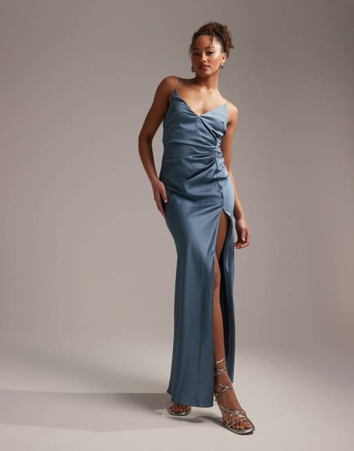 ASOS DESIGN Bridesmaid satin cami maxi dress with drape detail in dusky blue ASOS