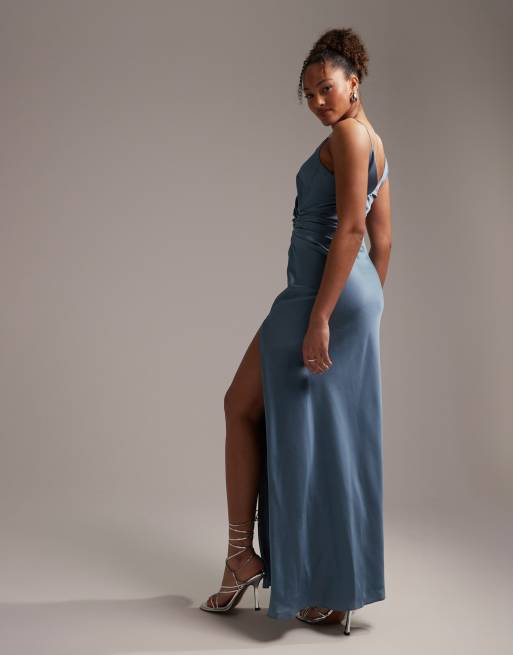 ASOS DESIGN Bridesmaid satin cami maxi dress with drape detail in dusky  blue