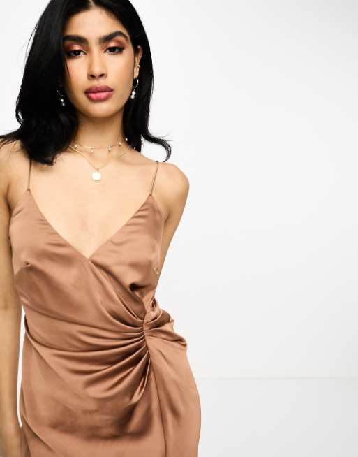 ASOS DESIGN Bridesmaid satin cami maxi dress with drape detail in mocha ASOS