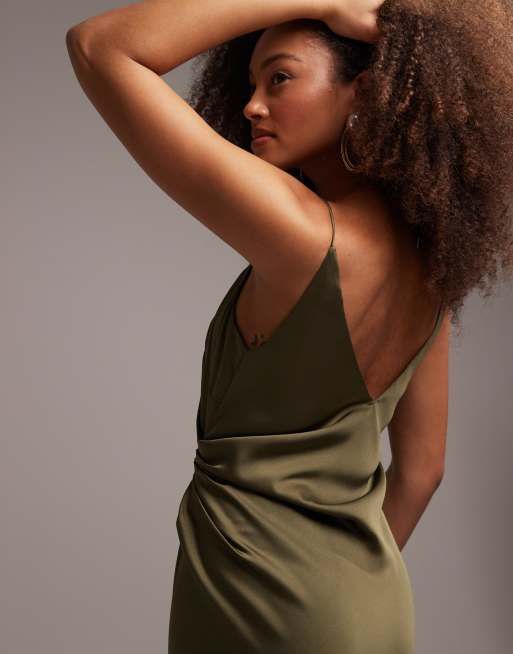 ASOS DESIGN Bridesmaid drape cami maxi dress with wrap waist in olive