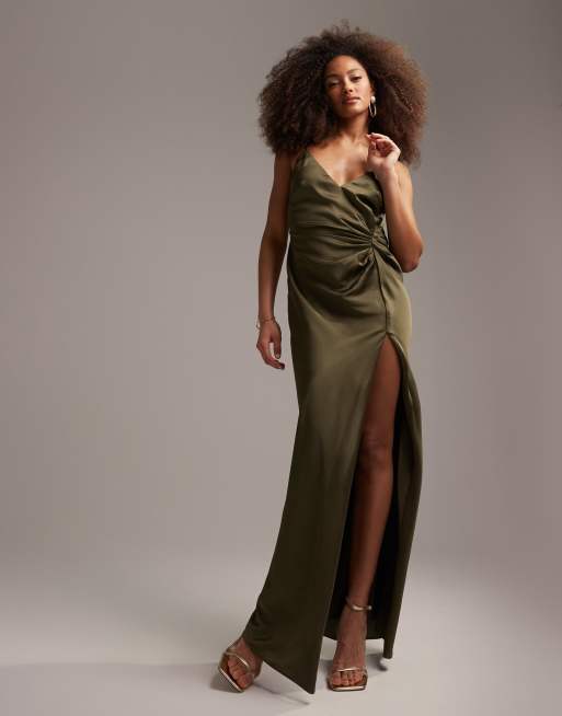 ASOS DESIGN Bridesmaid drape cami maxi dress with wrap waist in olive