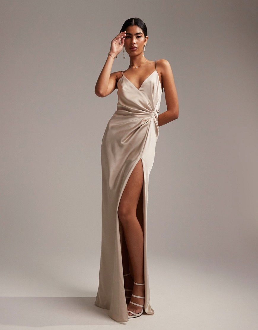 ASOS DESIGN Bridesmaid satin cami maxi dress with drape detail in oyster-White