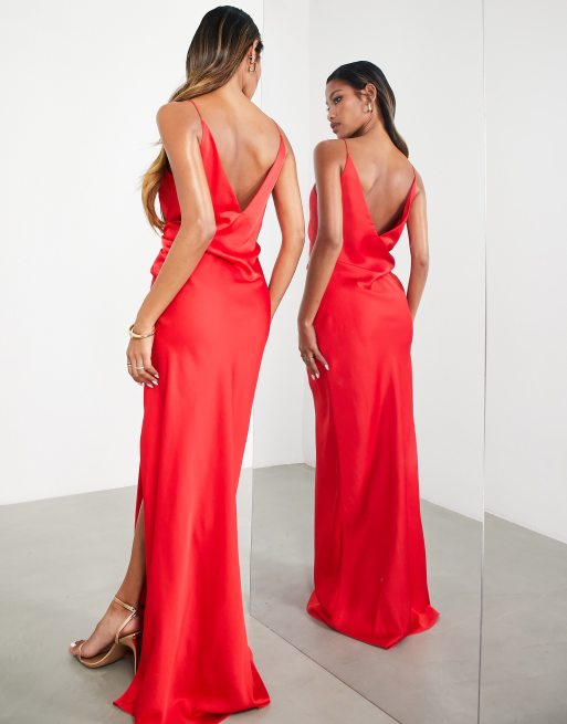 Red Satin Drape Detail Maxi Dress