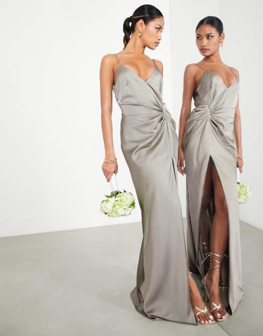 ASOS DESIGN Bridesmaid satin cami maxi dress with drape detail in sage green