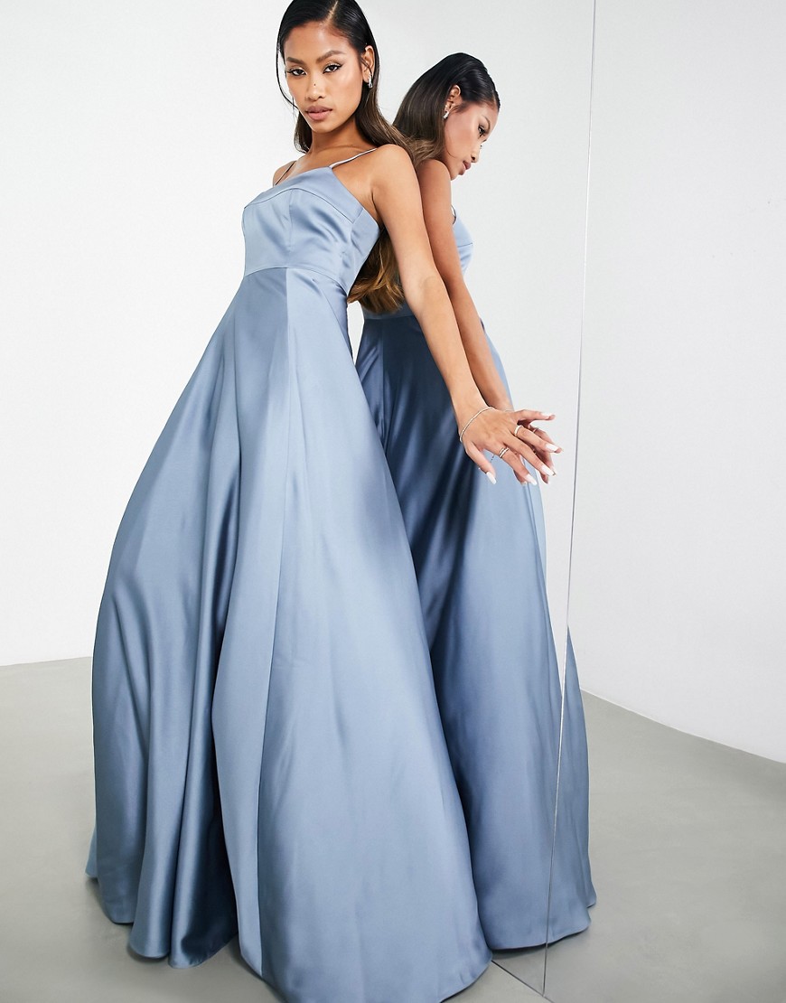 ASOS DESIGN Bridesmaid satin cami maxi dress with full skirt in dusky blue