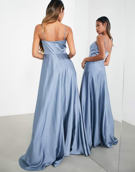 Dusty Blue Slim Satin Cowl Neck Bridesmaids Midi Dress