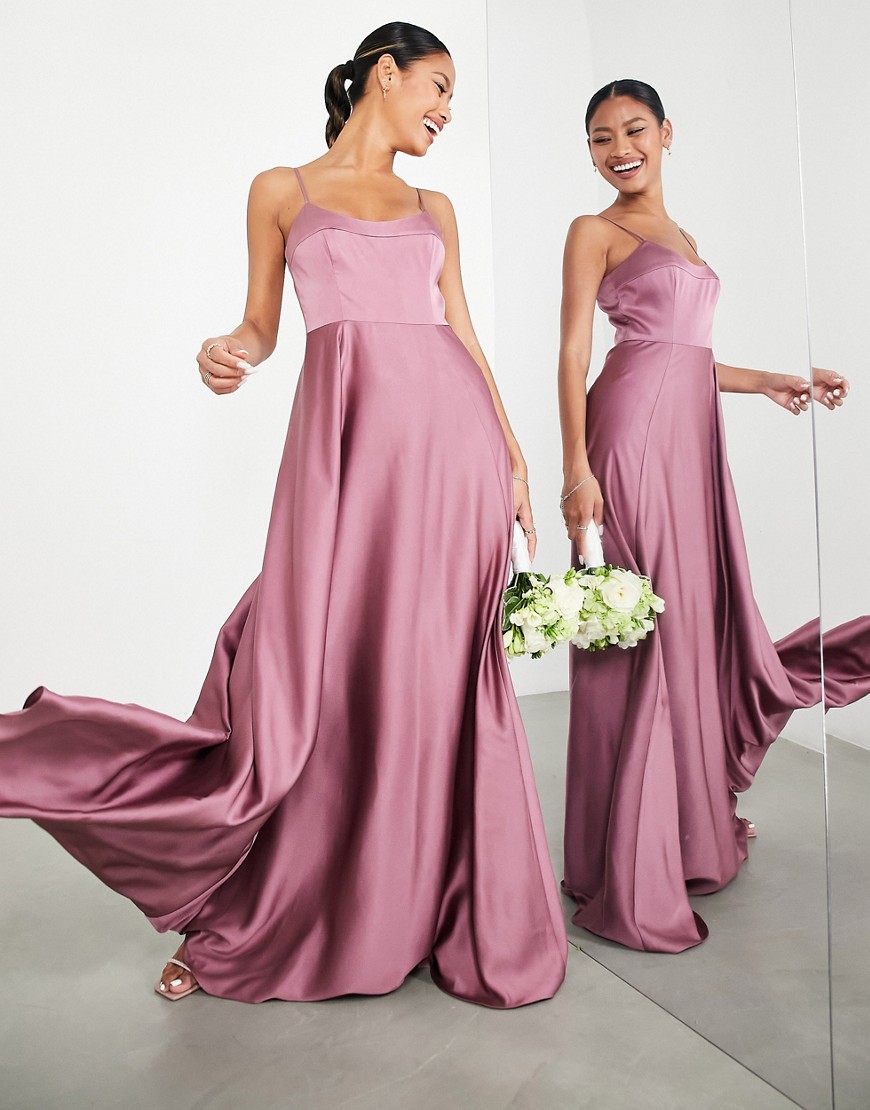 ASOS DESIGN Bridesmaid satin cami maxi dress with full skirt in orchid-Purple