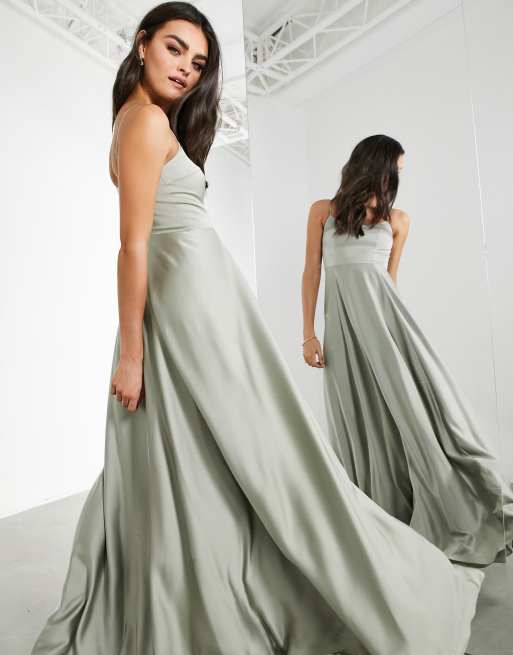 ASOS DESIGN Bridesmaid satin cami maxi dress with square neck in sage green