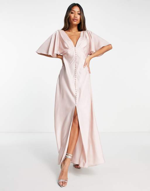 ASOS DESIGN Bridesmaid satin cape sleeve maxi dress with button detail in blush ASOS