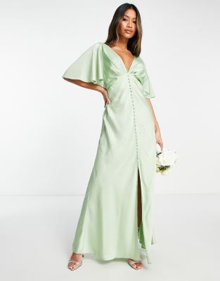 Shop Asos Design Bridesmaid Satin Cape Sleeve Maxi Dress With Button Detail In Green