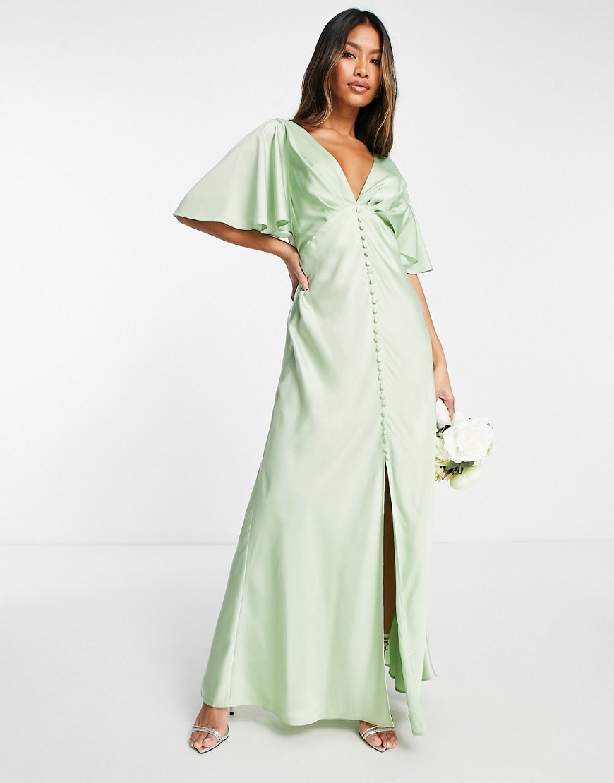 ASOS DESIGN Bridesmaid satin cape sleeve maxi dress with button detail in sage-Green