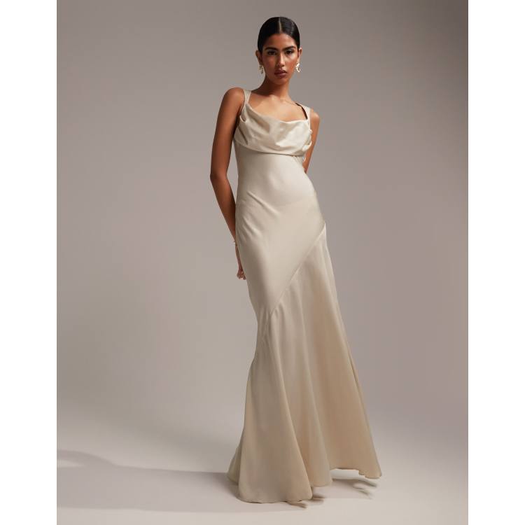 champagne satin cowl neck ring detail bodycon dress Chills Cowl Neck Satin Maxi Dress Champagne main image 1