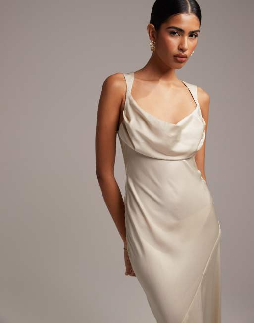 ASOS DESIGN Bridesmaid satin cowl front maxi dress with panelled skirt in  champagne