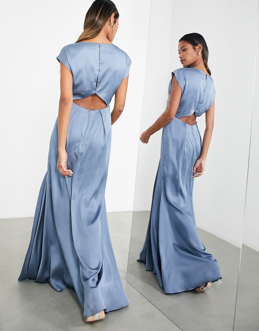 ASOS DESIGN Bridesmaid satin cowl neck maxi dress with cut out back in dusky blue