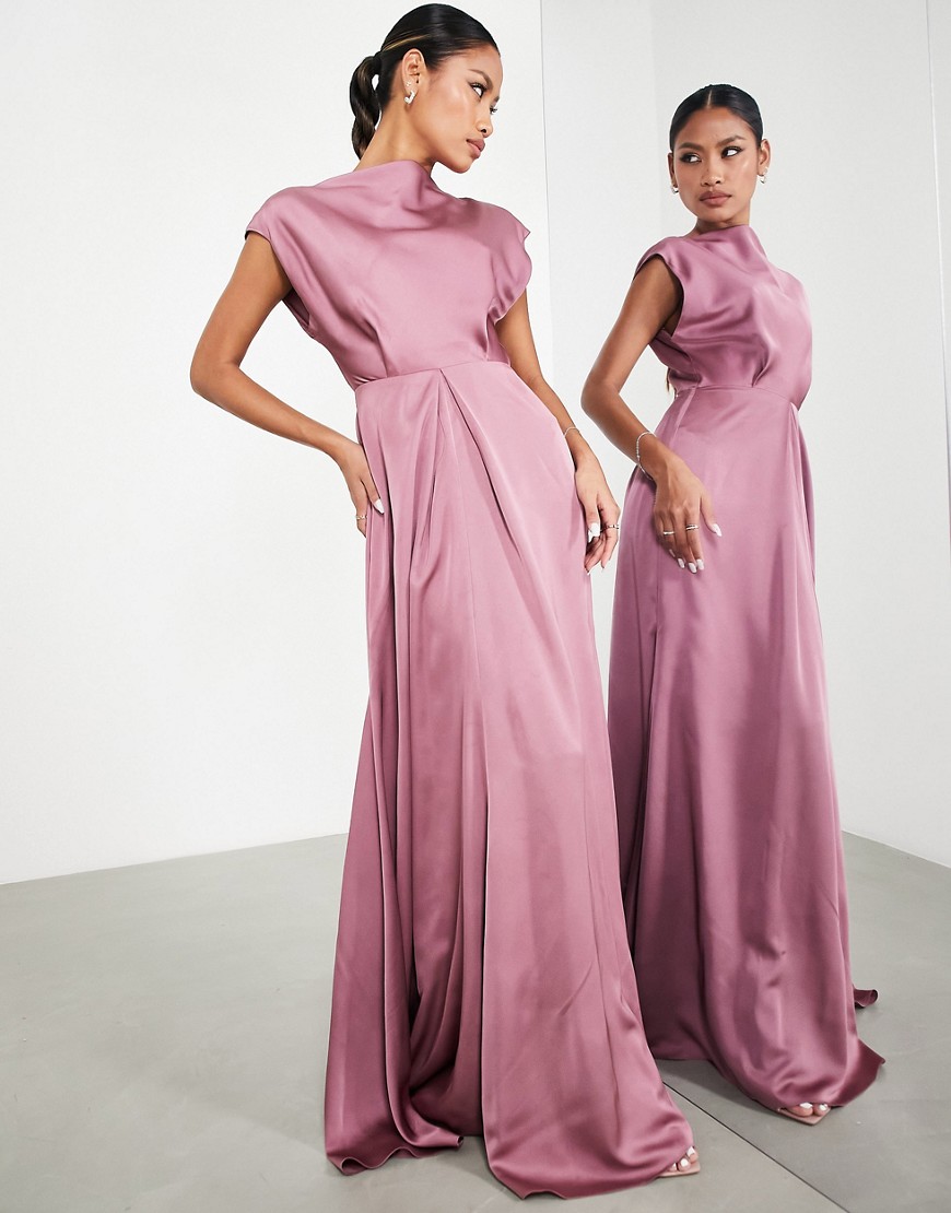 ASOS DESIGN Bridesmaid satin cowl neck maxi dress with cut out back in orchid-Purple