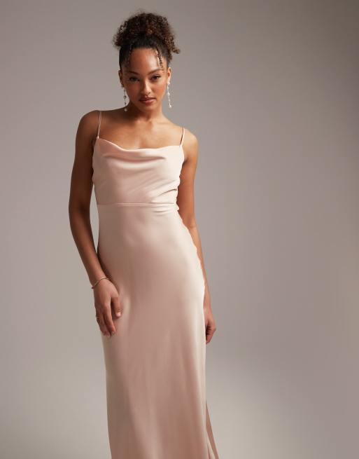 ASOS DESIGN Bridesmaid satin cowl neck maxi dress with full skirt in blush