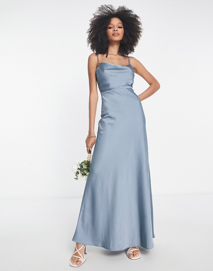 ASOS DESIGN Bridesmaid satin cowl neck maxi dress with full skirt in dusky blue