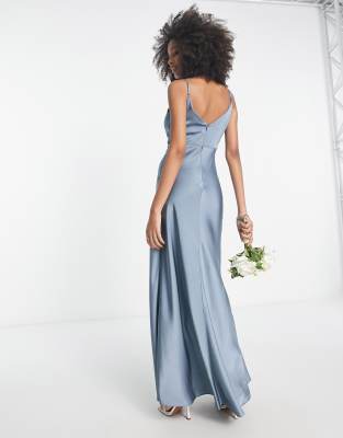 ASOS DESIGN Bridesmaid satin cowl neck maxi dress with full skirt in dusky blue ASOS