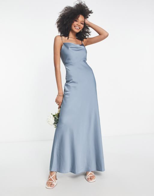 Dusty Blue Slim Satin Cowl Neck Bridesmaids Midi Dress