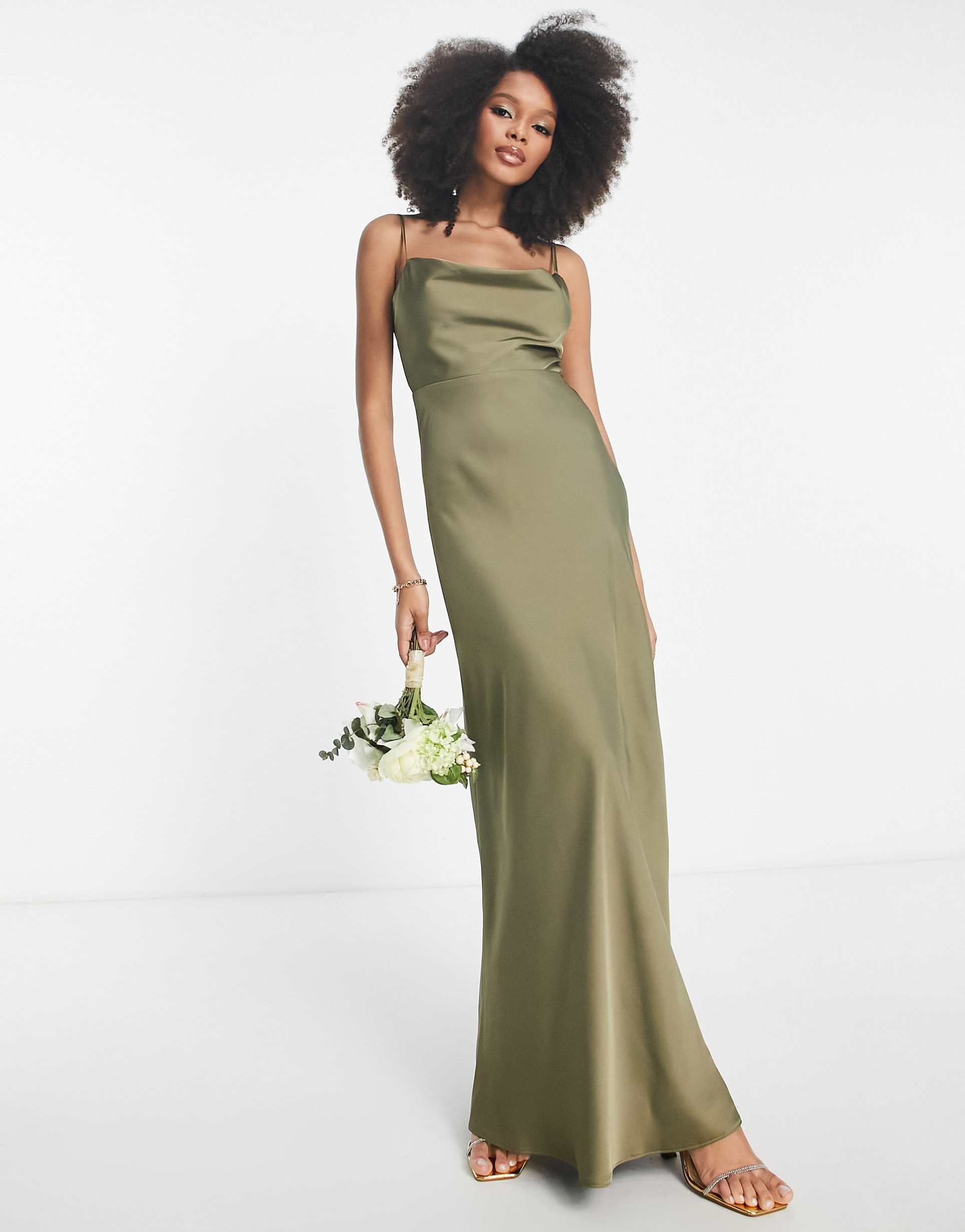asos design bridesmaid satin cowl neck maxi dress with full skirt in olive green