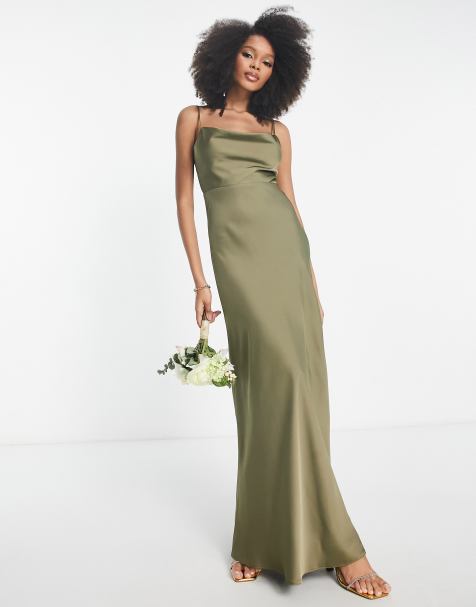 ASOS DESIGN Bridesmaid satin cowl neck maxi dress with full skirt in olive green 