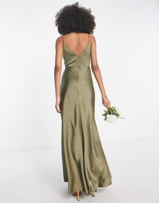 ASOS DESIGN Bridesmaid satin cowl neck maxi dress with full skirt in olive  green | ASOS