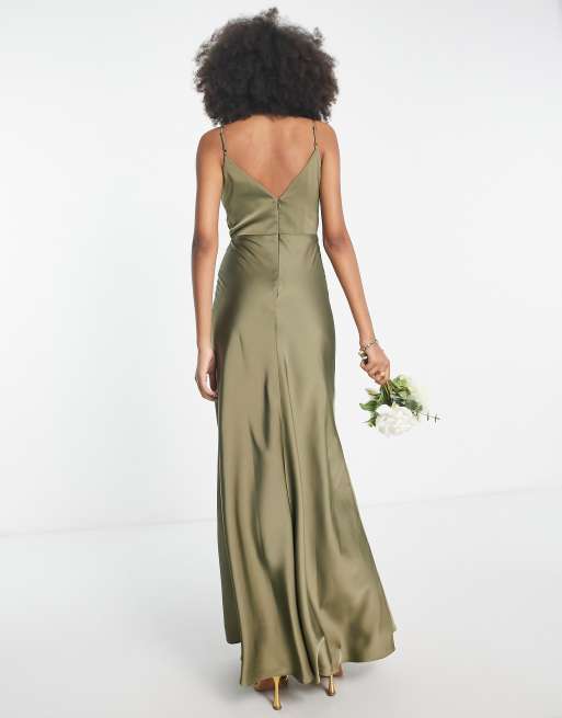 ASOS DESIGN Bridesmaid satin cowl neck maxi dress with full skirt in olive green