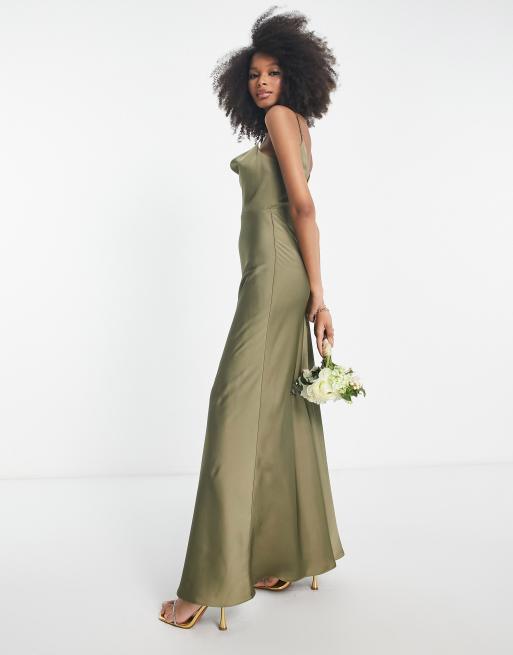 ASOS DESIGN Bridesmaid satin cowl neck maxi dress with full skirt in olive  green