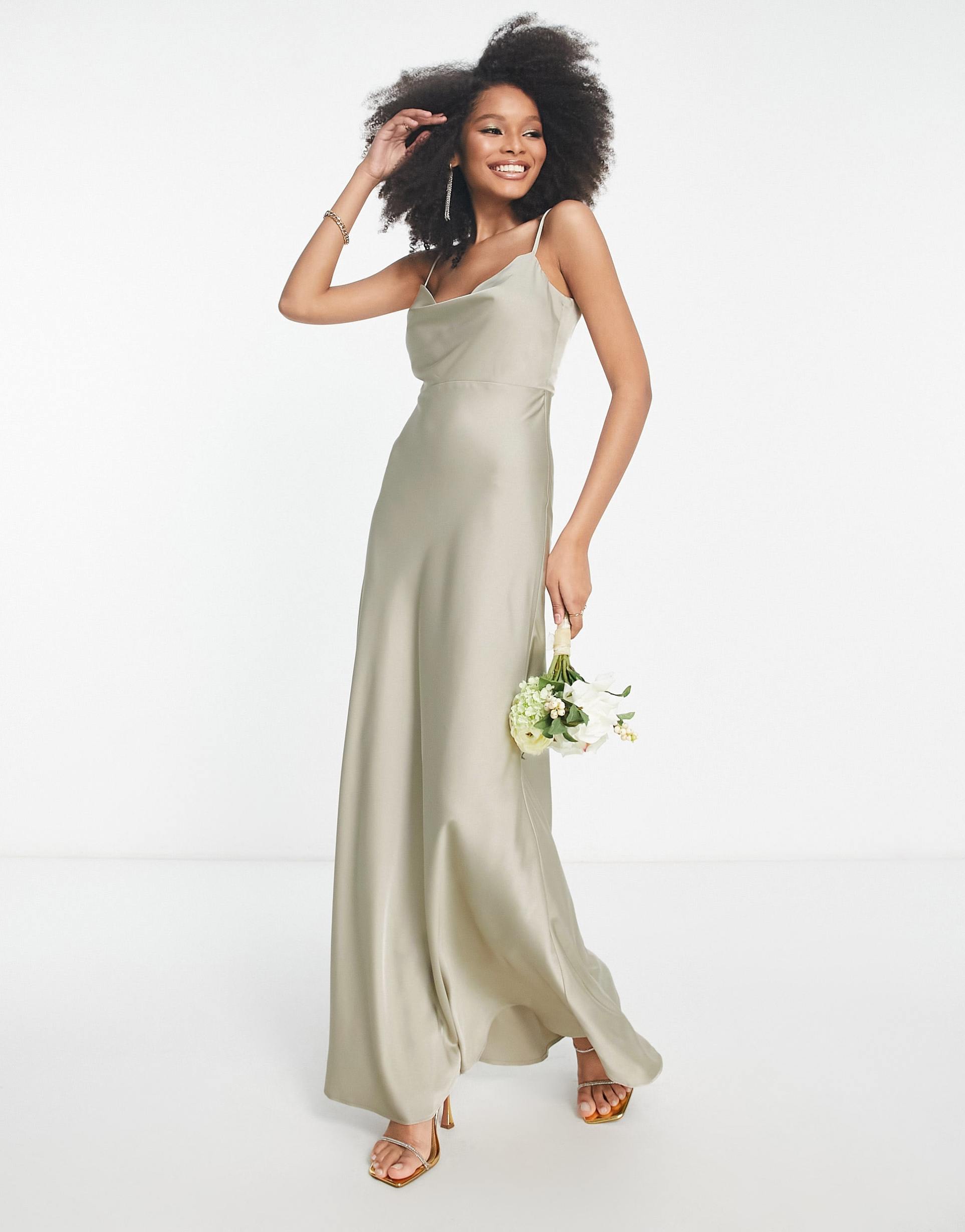 asos design bridesmaid satin cowl neck maxi dress with full skirt in sage green