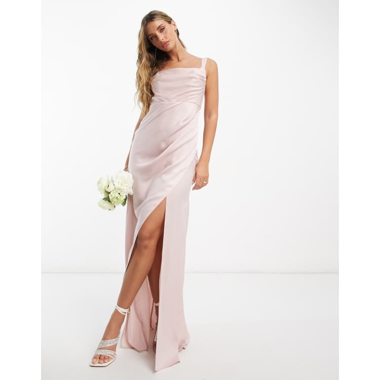 ASOS DESIGN Bridesmaid satin drape maxi dress with bow back in blush pink