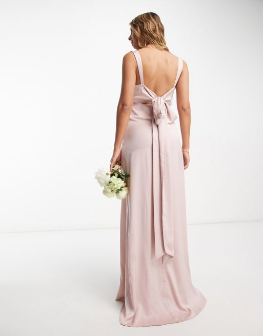 ASOS DESIGN Bridesmaid satin drape maxi dress with bow back in blush pink