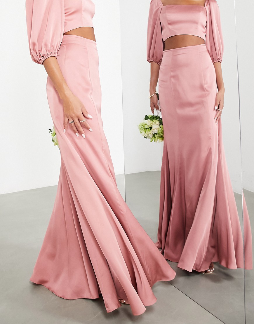 ASOS DESIGN Bridesmaid satin fishtail maxi skirt co-ord in dusky rose-Pink