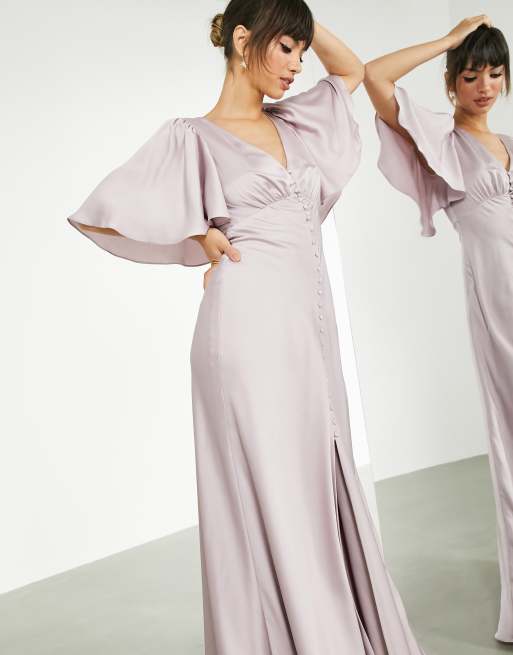 ASOS DESIGN Bridesmaid satin flutter sleeve maxi dress with button front in pale lavender PURPLE PURPLE