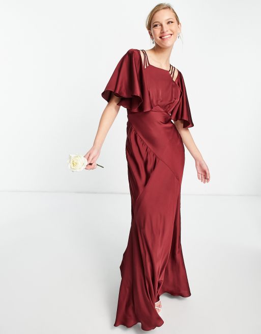 ASOS DESIGN Bridesmaid satin flutter sleeve maxi dress with strap details in wine BURGUNDY BURGUNDY